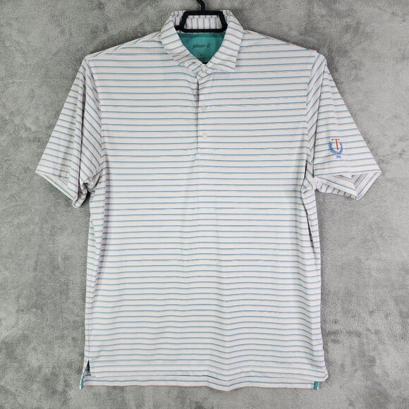 Men's Johnnie-O Polo Shirt UPF 50 White Blue Orange Striped Short Sleeve Size L - Picture 2 of 10